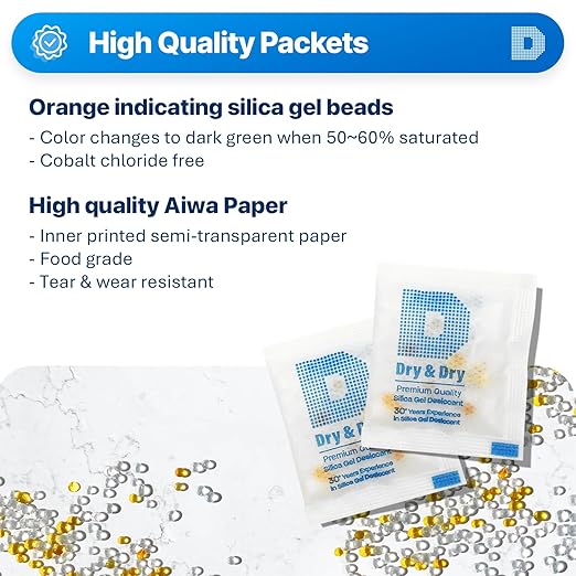 Dry & Dry 3 Gram [1000 Packets] Orange Indicating Silica Gel Packets Desiccants - Food Safe Silica Packs, Silica Gel, Silica Packets, Desiccant Packs for Food Storage