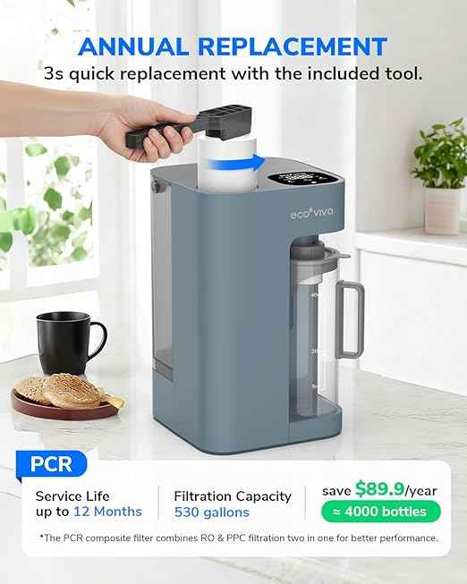 Ecoviva Mate 3 Countertop Reverse Osmosis Water Filter, 8-Stage RO Water Filtration System with 44oz Water Pitcher Smart Auto-Filling, 3:1 Pure to Drain, Tabletop Purifier, Blue