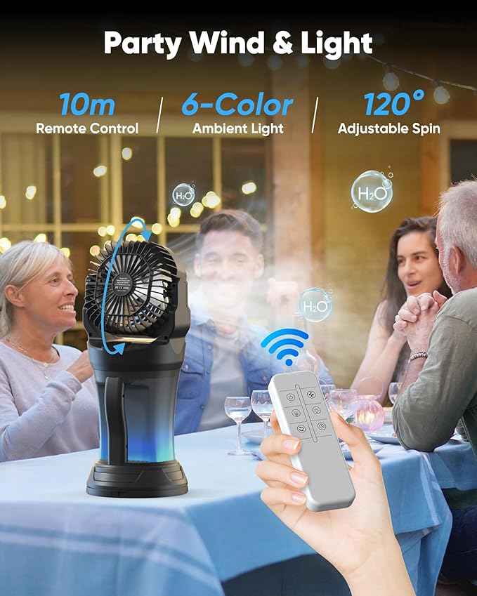 Portable Misting Fan for Outdoor Patios - 30000mAh Rechargeable Battery Operated Camping Fan with 2L Water Tank, 4 Spray, 4 Speeds & RGB Light for Fishing/Travel/Garden Party/Golf/Tent/Office