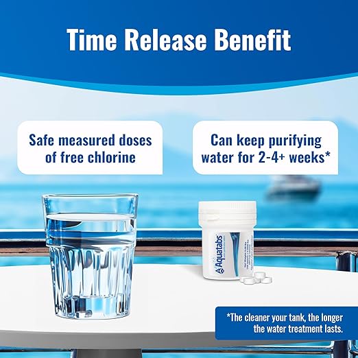 Drinking Water Essentials Kit - 200 Aquatabs Water Purification Tablets + 50 Chlorine Test Strips - for Boat and RV Tanks - By Aquamarine Water Solutions