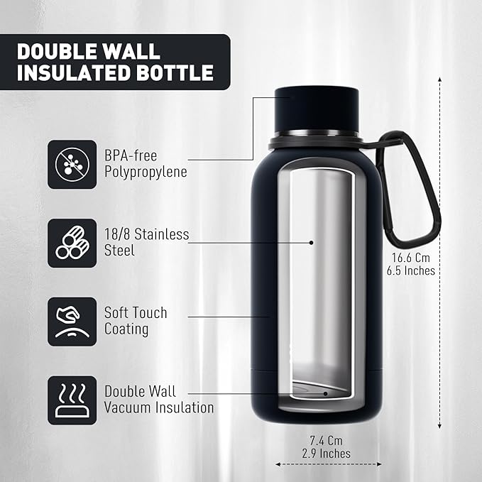 Exllena Small Water Bottle 12oz with Clip, Double Wall Stainless Steel Vacuum Small Insulated Water Bottle Keeps Drinks Cold 24 Hrs/Hot 12 Hrs for Kids Handbag School BPA Free (Black)