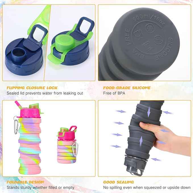 Sunnyray Collapsible Water Bottles Bulk Foldable Water Bottles 17oz Silicone Portable Leak Proof Reusable Sports with Clip for Travel Hiking Camping Outdoor(Camouflage,30 Pack)