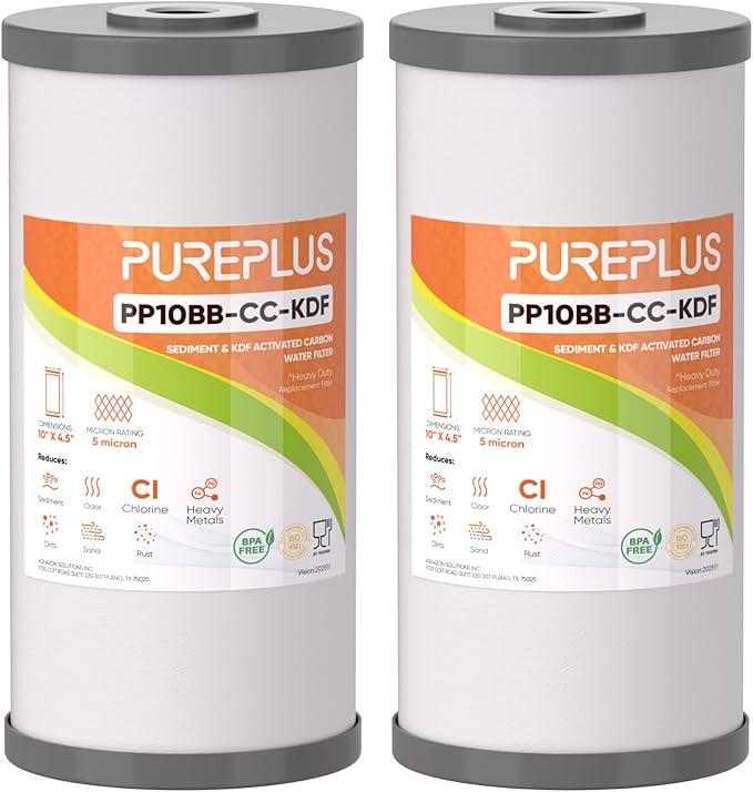 PUREPLUS 5 Micron 10" x 4.5" Whole House PP Sediment Carbon KDF Composite Heavy Metal Reduction Filter Cartridge for GE FXHTC,GXWH40L,GXWH35F,GNWH38S,Culligan RFC-BBSA,WRC25HD,Pentek RFC-BB,2Pack