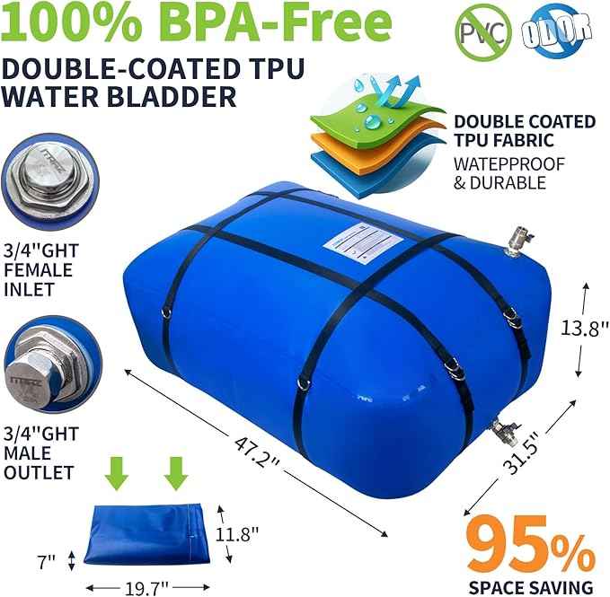Potable Water Storage Bladder, TPU Collapsible Water Tank, Food Grade BPA Free Portable Flexible Water Container for Drinking, Camping, Irrigation & Emergency, Drought, Snowstorm