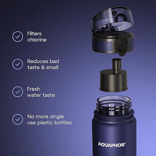 AQUAPHOR City Filtered Water Bottle in Tritan BPA-free - Portable with Integrated Water Purifying Filter 500 ml - Navy