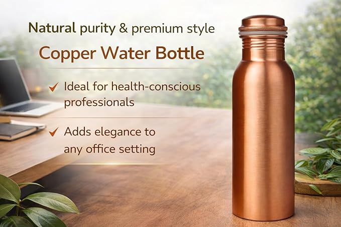 Copper Water Bottle 1 Liter – Leakproof Ayurvedic Tamba Bottle for Drinking Water, BPA-Free Copper Vessel for Health Benefits, Joint-Free Durable | |Home| Office (Plain)