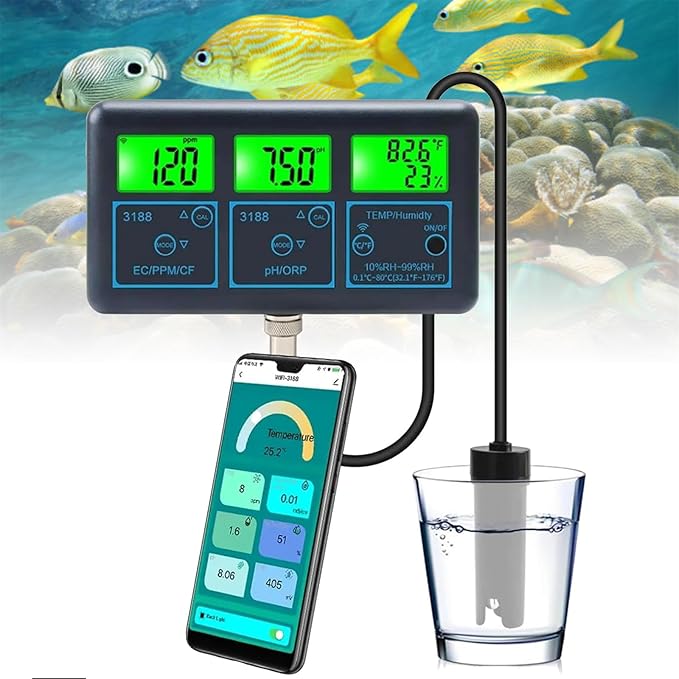 Water Quality Tester Detector, EC/CF/ORP/PH/PPM/Humidity/Temperature Tester, Smart Water Quality Meter Monitor for Aquariums Pool Hydroponics