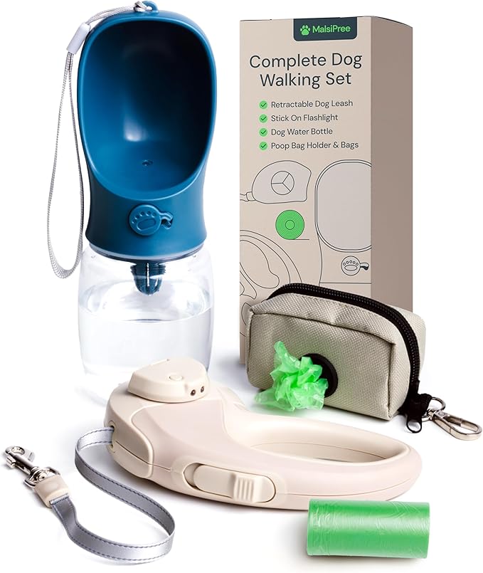MalsiPree Walking Set with Retractable Dog Leash, Poop Bag Holder, Leak Proof 12 Oz Dog Water Bottle, Flashlight & 20 Poop Bags - 9.8ft Leash Retractable for Small to Medium Pet (Sand & Teal, 12 Oz) - AquaVibe