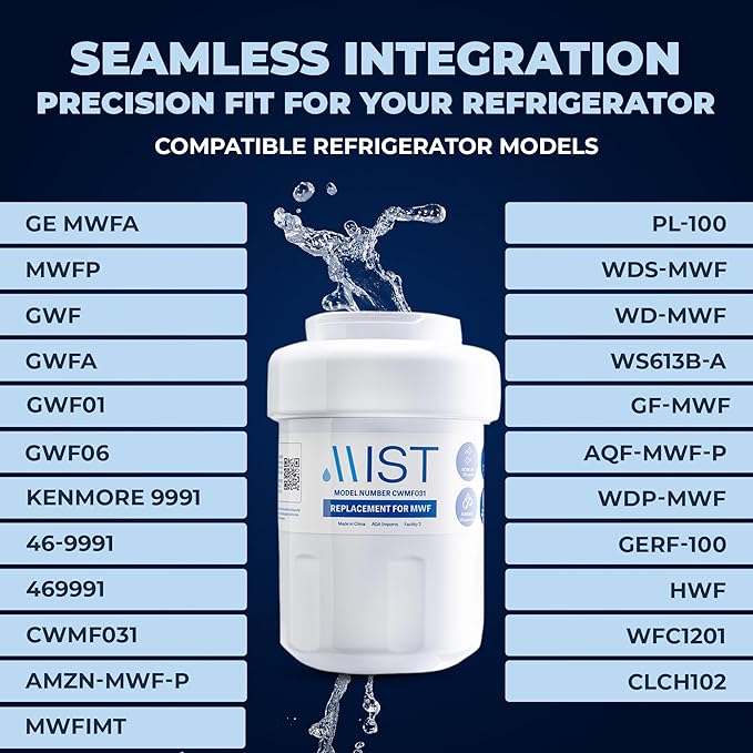 MIST Replacement for MWF Water Filter for GE, Refrigerator Water Filter compatible with MWFP, MWFA, GWF, HWF, Smart Water, WFC1201, Kenmore 9991, 469991, WFC1201, GSE25GSHECSS (2 pack)