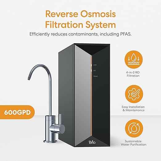 Brio Prism TROE600PRISM Reverse Osmosis Water Filtration, 4-Stage Tankless RO Water Filter System for Under Sink, 600 GPD, 1.5:1 Pure to Drain, Reduces TDS, Faucet, USA-Based Customer Support, Black