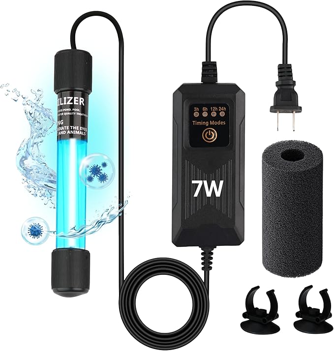 7W UV Light for Aquariums with 4 Timer Modes | UV-C Light for Sump Filters, Top & Bottom Filter Boxes, External Filter Chambers, Hang-On-Back Filters & Small Ponds – Keeps Fish Tanks Clear & Healthy