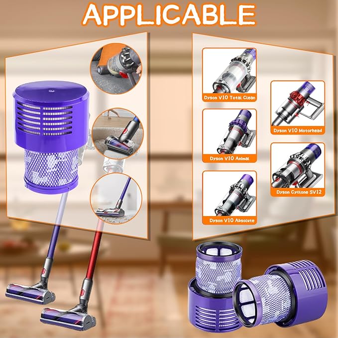 2 Pack V10 Filters Replacement for Dyson V10 Cyclone Series, V10 Absolute, V10 Animal, V10 Total Clean, SV12, Replace Part No. 969082-01,2 Pack Filters and 1 Clean Brush - AquaVibe