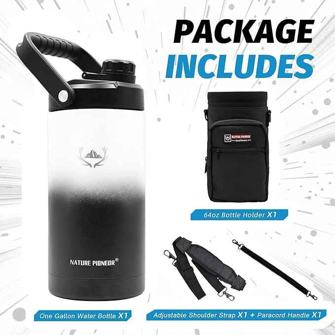 NATURE PIONEOR 64 oz Insulated Water Bottle - Double Vacuum Stainless Steel Half Gallon Water Jug with Holder/Carrier, Wide Mouth, Outdoor Sports, Hiking, Camping, Gym