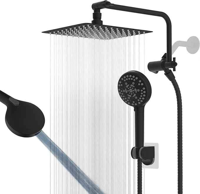 All Metal Black Shower Head, 10" High Pressure Rainfall/Handheld Shower Combo with 11" Extension Arm, 10-Spray Handheld Showerhead, 71" Long Hose, 3-Way Diverter Valve, Matte Black