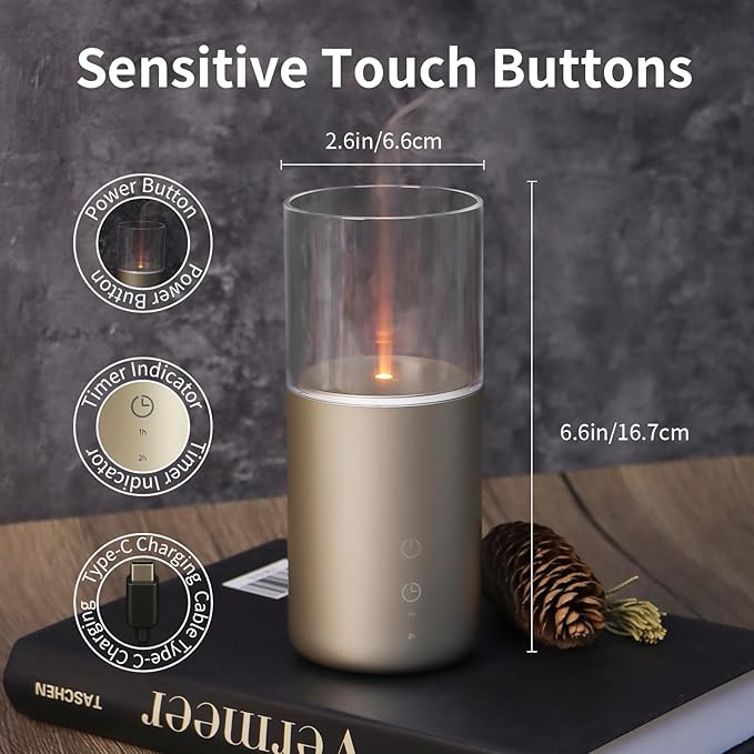 Essential Oil Diffuser, Candlelight Flame Effect with Cool Mist Small Humidifier for Room, 32ml Cordless Ultrasonic Scent Diffusers with Timer & Night Light for Home, Office