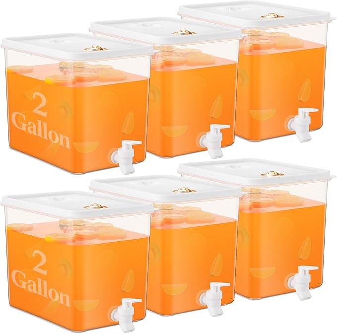 Domensi 6 Pack 2 Gallon Drink Dispenser for Fridge with Spigot Water Dispenser Leak Proof Lids Filter Screen Beverage Juice Container Sealed Plastic Lemonade Milk Cold Hot Drink Tea Jug for Party