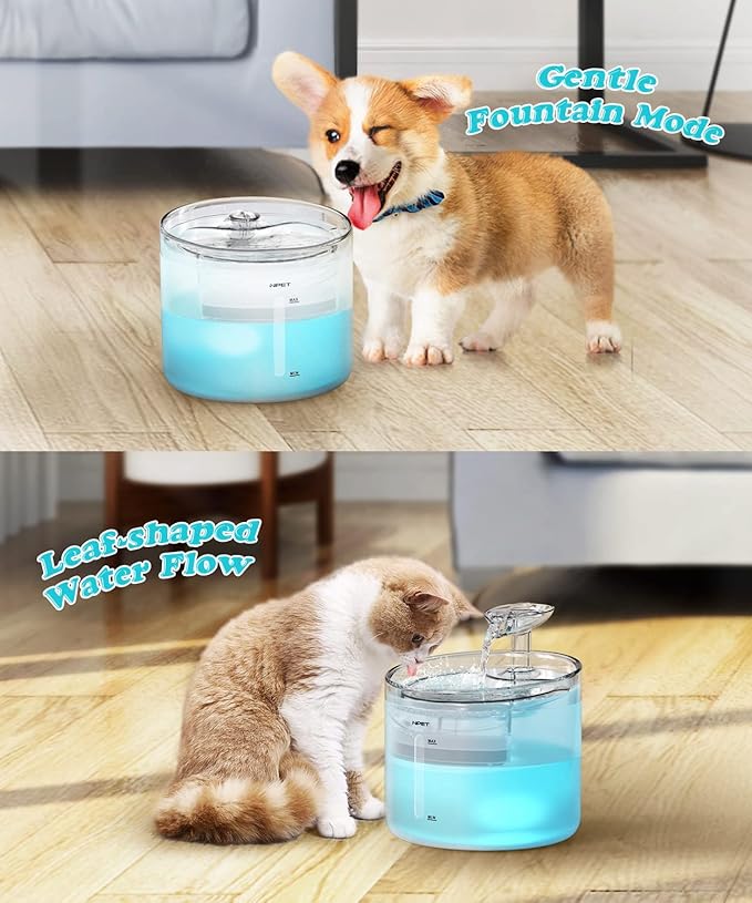 NPET WF100 Cat Fountain, 54oz/1.6L Automatic Pet Water Fountain Dog Water Dispenser with LED Light Quiet Pump for Cats & Small Dogs(Fountain+8 Filters +8 Sponges, White)