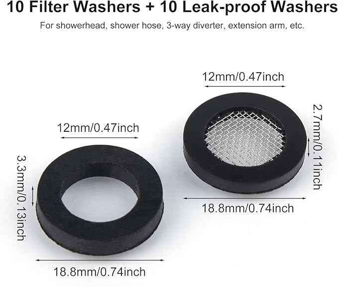 PAGOW 10pcs 1/2" Shower Head Screen Filter Gasket + 10pcs Rubber Washer, Stainless Steel Seal O Ring Hose Net 40 Mesh for 1/2" Fixed and Handheld Shower Head