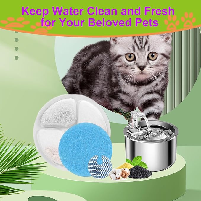 Cat Water Fountain Filter,Cat Fountain Filters Replacement for Round 2L/67oz Stainless Steel Pet Water Fountain,10 Pack Pet Fountain Filter Replacement