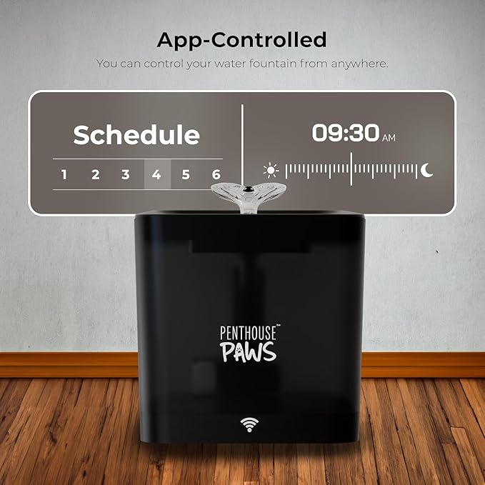 Penthouse Paws Smart Cat Water Fountain 2.2L, App Controlled Automatic Water Dispenser, Ultra Quiet Pump, 5-Stage Filter, Whisker Friendly Bowl, for Cat & Dog, Black