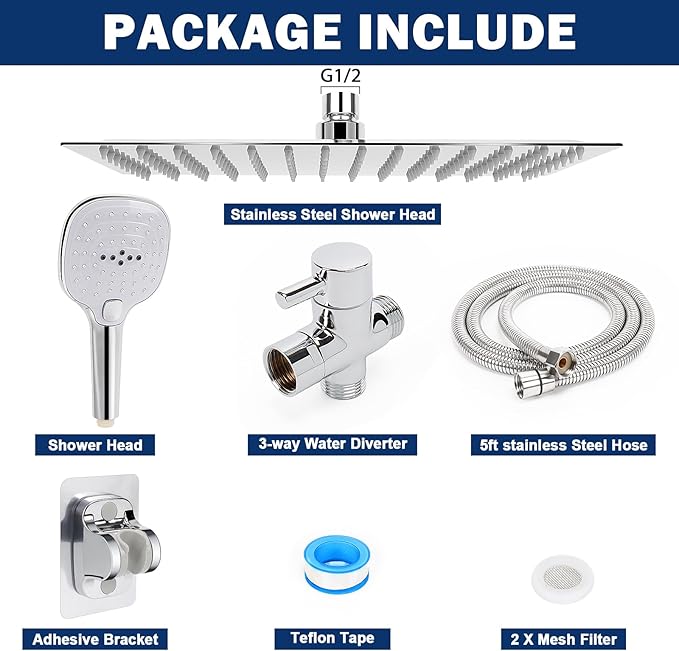 NearMoon Shower Head with Hose, High Pressure Stainless Steel Rain Shower and 3 Settings Handheld Spray Combo with Push Button Flow Control (12 Inch, Chrome Finish) - AquaVibe