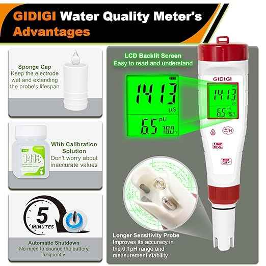 pH Meter for Hydroponic Water,Digital EC ppm Tester for Nutrients,pH TDS Reader 4 in 1 with 1413 μs/cm Calibration Solution,High-Sensitivity Backlit Display for Drinking Water,DWC,Indoor Plants