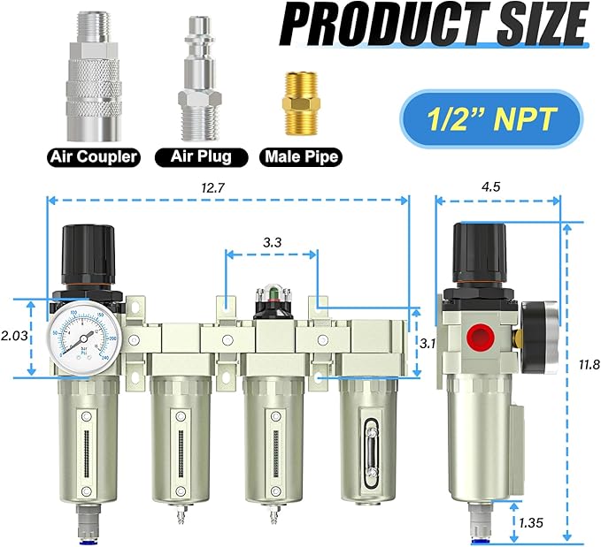 1/2" NPT Heavy Duty Industrial Grade 4 Stage Air Drying System,Auto Drain,Coalescing Filter,Double Particulate Filter,Desiccant Dryer and Air Regulator For Plasma Cutter and Paint Spray - AquaVibe