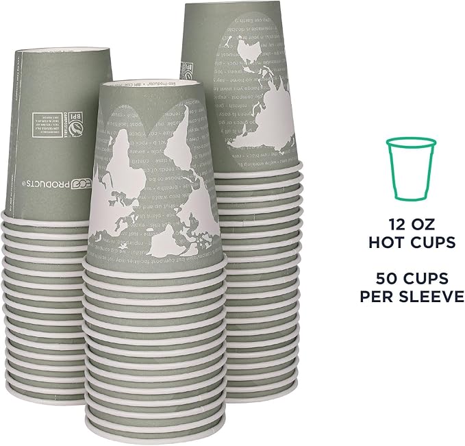 ECO PRODUCTS Compostable Disposable World Art 12oz Large Coffee Cups, Pack of 50, Renewable Hot Paper Cup, Plant Based PLA Lining, Color Coded