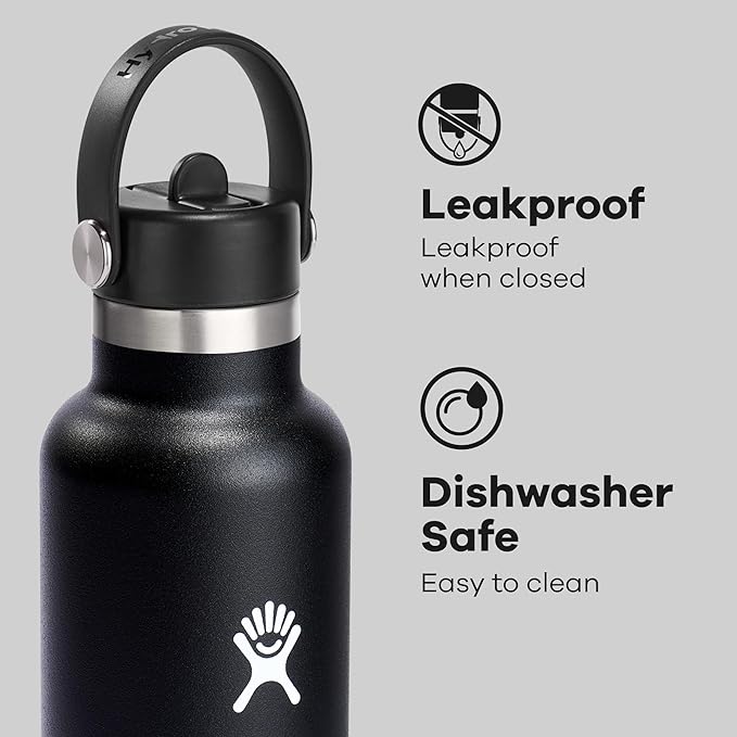 Hydro Flask Water Bottle - Insulated Stainless Steel - Straw Lid, Non Spill, Leakproof 24 Oz Black