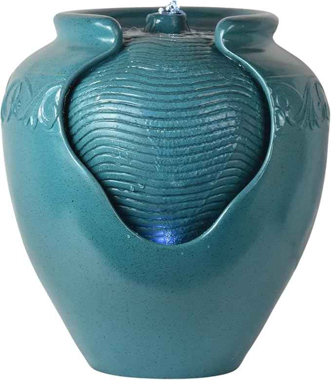Teamson Home Floor Glazed Pot Water Fountain with Built-in LED Light and Pump for Outdoor Indoor Patio Garden Backyard Decking Home Décor, 17 inch Height, Teal