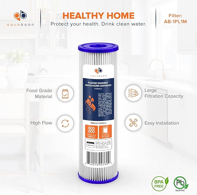 Aquaboon 1 Micron Pleated Water Filter 10 x 2.5 - Whole House Sediment Filter Replacement Cartridge Compatible with WFPFC3002, WHKF-WHPL, 4-Pack