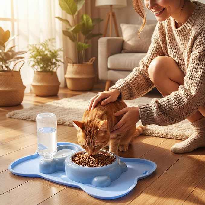 Blue Cat Food and Water Bowl and Non-Slip Silicone Mat Set Stainless Steel Food Bowl with 18.6oz Large Capacity Water Dispenser for Cats and Small Dogs