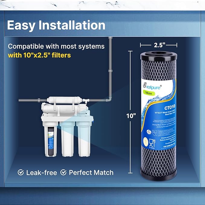1 Micron 10" x 2.5" Whole House CTO Carbon Water Filter Cartridge Replacement for Home Countertop System, Dupont WFPFC8002, WFPFC9001, FXWTC, SCWH-5, WHEF-WHWC, WHCF-WHWC, CTO10, T01, 4PACK