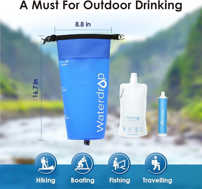 Waterdrop Water Filter Straw 3 Pack with Gravity Water Bag, Gravity Water Filtration System, Water Purifier Survival for Travel, Backpacking, 1.5 gal Bag, 0.1 Micron, 5 Stage Filtration