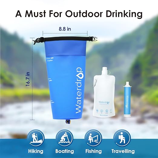Waterdrop Gravity Water Filter Straw, Camping Water Filtration System, Water Purifier Survival for Travel, Backpacking and Emergency Preparedness, 1.5 gal Bag, 5 Stage Filtration
