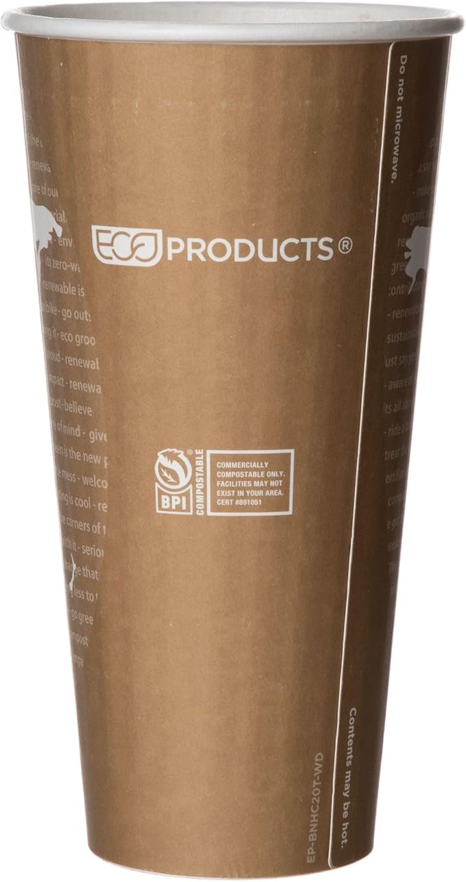 ECO PRODUCTS Compostable Disposable Insulated World Art 20oz Large Coffee Cups, Case of 600, Renewable Double-wall Hot Paper Cup, Plant Based PLA Lining, No Sleeves Needed, Lid Available, Color Coded