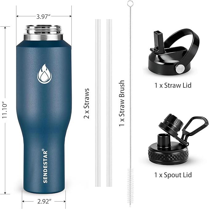 SENDESTAR 40oz Stainless Steel Water Bottle(Cold for 48 Hrs, Hot for 24 Hrs),Double Wall Vacuum Insulated Bottle with Straw Lid, Spout Lid and Flex Cap, Fit in Any Car Cup Holder，Navy