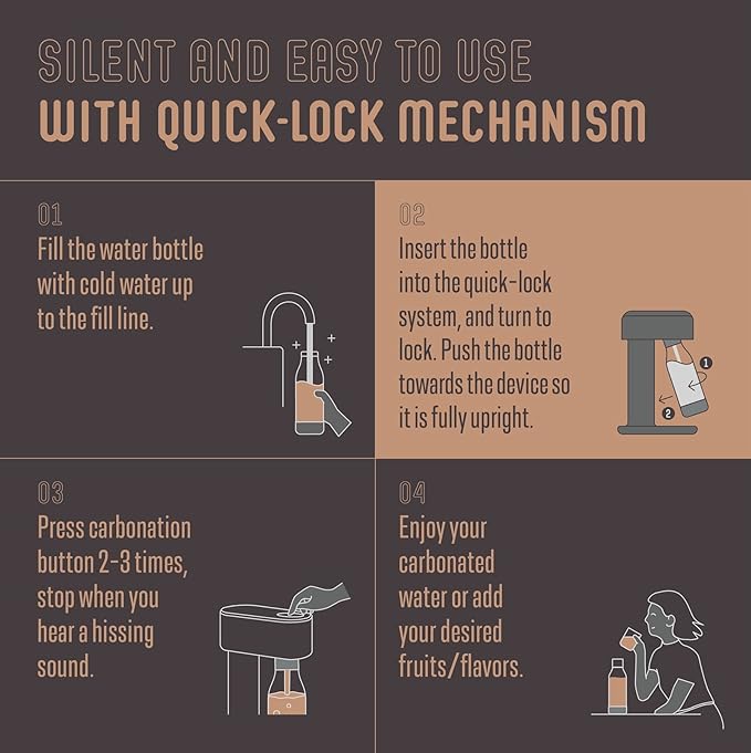 Ruby 2 Sparkling Water Maker - Soda Streaming Machine Silent Carbonated Water Machine Robust Long-Lasting Aluminium Soda Maker 1L Water Bottle Without CO2 Cylinder - Black Copper Soda Machine