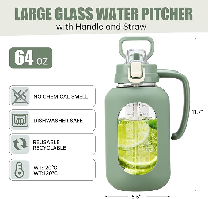 64 oz Glass Water Bottle with Handle and Straw Large 2L Water Bottle with Time Markers and Silicone Sleeve Half Gallon Water Jug BPA Free for Gym Daily Use