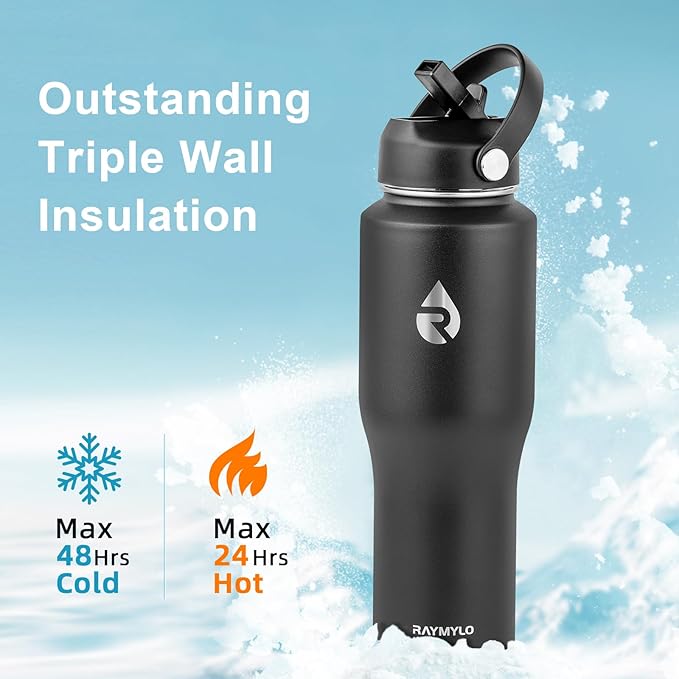 32 oz Insulated Water Bottle with Straw fit in Car Cup Holder, Triple Wall Vacuum Stainless Steel(Cold 48 hrs, Hot 24 hrs), Leakproof & Non-BPA, Hydro Travel Flask with Straw and Spout Lid