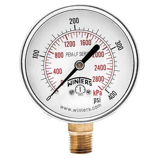 Winters 2-1/2 inch Dial Size, Economy Utility Pressure Gauge, Potable Brass Internals, Steel Case, Dual Scale 0-400 psi/kPa, 3-2-3% Accuracy, 1/4 inch NPT Bottom Mount, Drinking Water Pressure Gauge