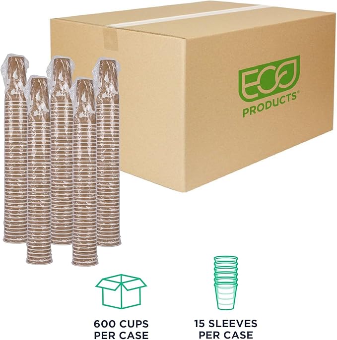 ECO PRODUCTS Compostable Disposable Insulated World Art 20oz Large Coffee Cups, Case of 600, Renewable Double-wall Hot Paper Cup, Plant Based PLA Lining, No Sleeves Needed, Lid Available, Color Coded
