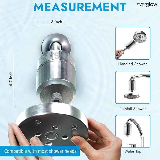 EVERGLOW High-Output Shower Filter, Reduces Chlorine, Dry Skin, Dandruff, Eczema, Heavy Metals and Vitamin C Infused for Dandruff and Softens Hard Water, 4.7”, Chrome