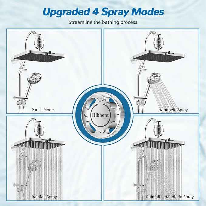 Hibbent 5-spray Dual Filtered Rainfall Shower Head Combo, High Pressure 13'' Showerhead with 10 Spray Mode Handheld, Easy Reach 4-way Diverter Shower Arm with Pause Mode, 71'' Hose and Holder, Chrome