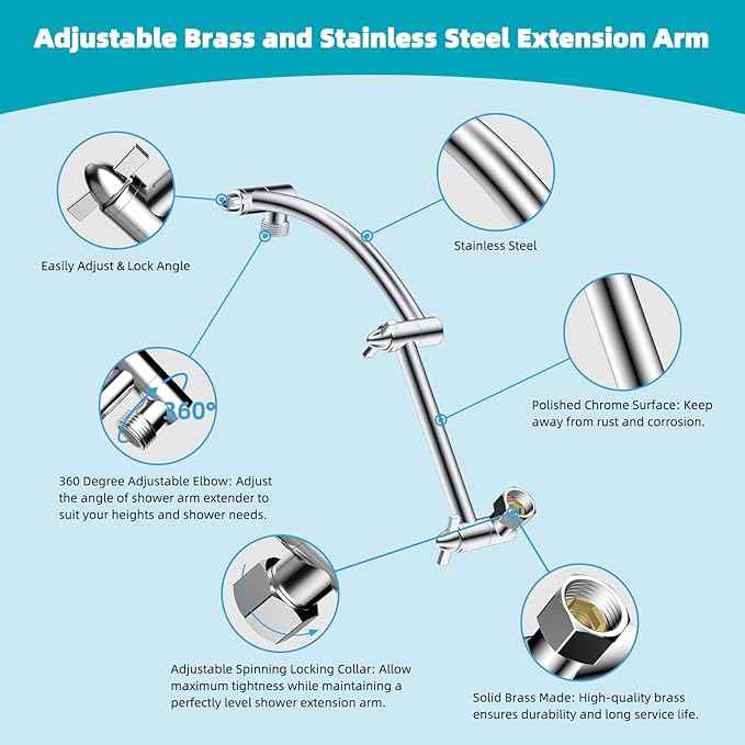 Hibbent Rain Shower Head, 13'' High Pressure Rainfall Square 5 Spray Mode Showerhead with 16" Shower Head Extension Arm, Solid Brass Adjustable Shower Arm Extender, Waterfall fixed Showerheads, Silver