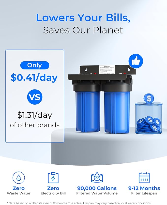 Waterdrop 2 Stage Whole House Water Filter System, with Carbon and Sediment Filter, Highly Reduce Lead, Chlorine, Heavy Metals, PFA, Taste, 5-Stage Filtration, WD-WHF21-PBL, 1" Inlet/Outlet