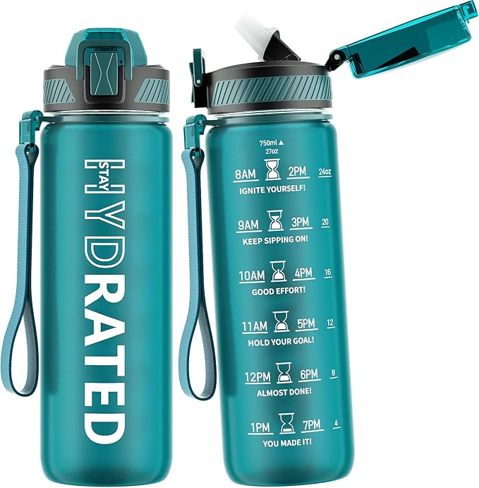 Water Bottle with Straw, 27oz Motivational Water Bottles with Time Marker to Drink, Tritan BPA Free, 750ml Sports Water Bottle with Carry Strap LeakProof for School Fitness Outdoor (1Pack)