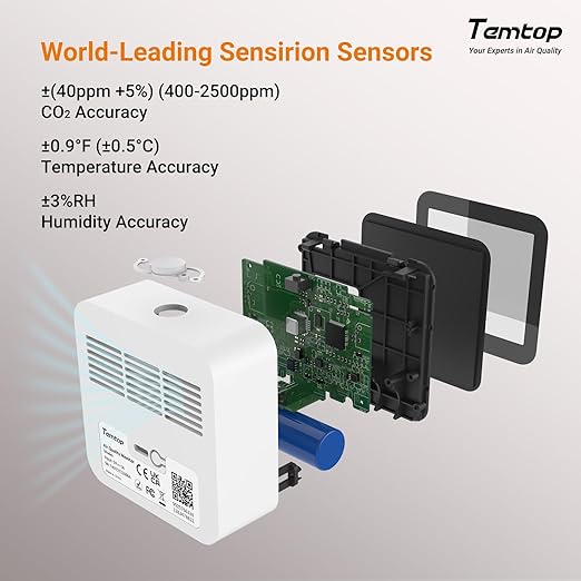 Temtop CO2 Monitor Indoor Air Quality Monitor 3 in 1 CO2 Meter(Temperature, Humidity and CO2), 180 Days Standby Time