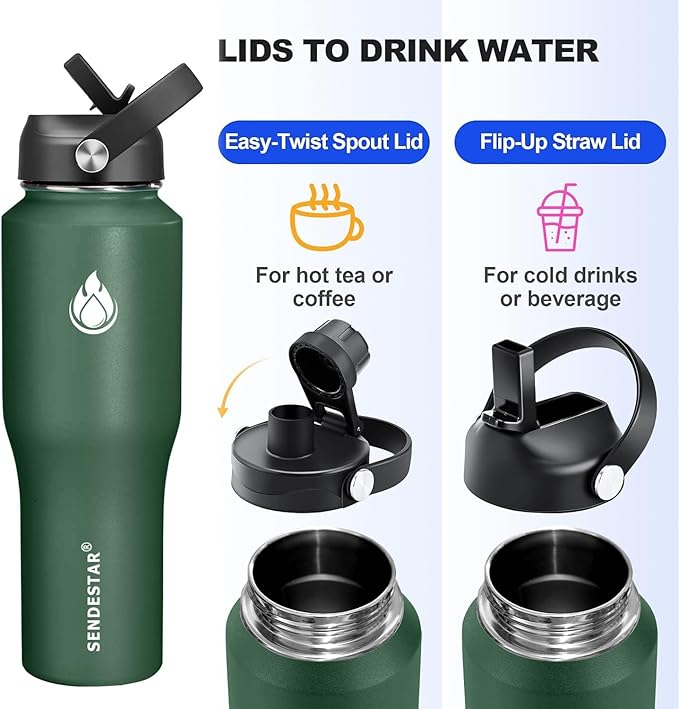 SENDESTAR Water Bottle,Wide Mouth Stainless Steel Vacuum Insulated Double Wall Keep Liquids Cold or Hot All Day,Sweat Proof Sport Design,Fit Car Cup Holder,Dark Green,32 Ounces