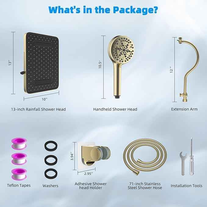 Hibbent High Pressure 13'' Dual Shower Head Combo with 10-mode Handheld Spray, Upgraded Rainfall 5-spray Shower Head, 12'' Adjustable Extension Arm, 71'' Hose, Showerhead Holder, Brushed Gold